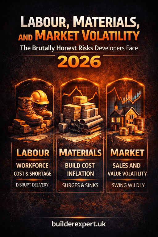 Infographic showing labour, materials, and market volatility in UK residential property development, highlighting workforce shortages, build cost inflation, and sales value risk in 2026.