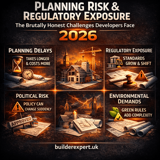 Infographic illustrating planning risk and regulatory exposure in UK residential property development, highlighting delays, regulatory change, political risk, and environmental requirements in 2026.