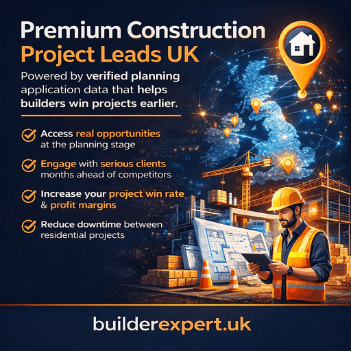 Infographic showing premium construction project leads UK powered by verified planning application data, helping residential builders win projects earlier