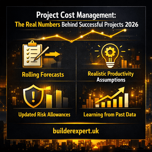 Infographic showing key project cost management metrics in 2026, including forecasting accuracy, cost control signals, and data-driven decision-making for successful projects