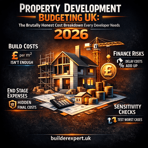 Infographic showing Property Development Budgeting UK in 2026, highlighting build costs, finance risk, hidden end-stage expenses, and sensitivity checks for residential developers.