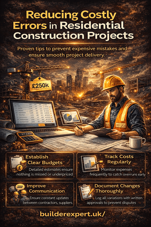 Infographic showing how residential builders reduce costly errors in construction projects through accurate estimating and better cost control
