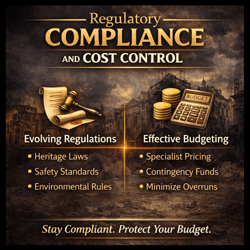 Infographic showing regulatory compliance and cost control in renovation projects, highlighting planning approvals, compliance costs, and budget control in high-risk construction
