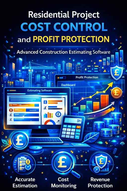 Residential_Project_Cost_Control_and_Profit_Protection_50 Residential project cost control and profit protection infographic showing digital dashboards, cost monitoring charts, profit growth indicators, and financial protection icons in blue tones on a dark background.