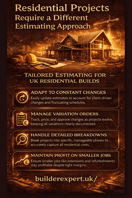 Vertical infographic showing why residential projects require a different estimating approach, highlighting variations, detailed breakdowns, and profit control using Estimator Online Construction Software