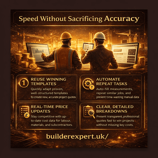 Infographic showing how UK builders achieve faster construction quotes without sacrificing accuracy using Estimator Online Construction Software