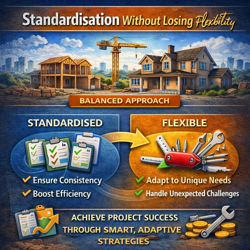Standardisation without losing flexibility infographic showing a balanced approach between standardised processes and flexible project management in construction.