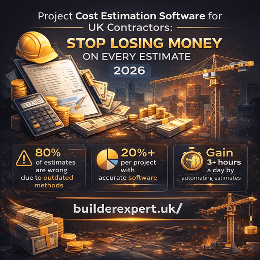 Project Cost Estimation Software infographic for UK contractors showing how accurate estimating prevents cost overruns and protects profit in 2026