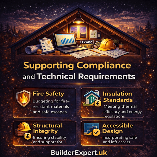 Supporting compliance and technical requirements infographic showing fire safety, insulation standards, structural integrity, and compliant loft access