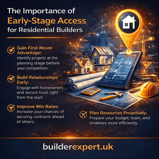 Infographic showing the importance of early-stage access for residential builders, highlighting early planning insights, stronger client relationships, higher win rates, and proactive project planning