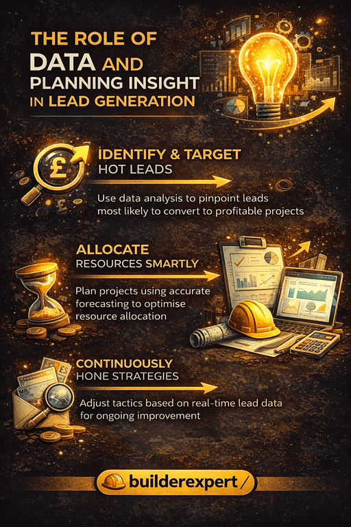 Vertical infographic illustrating the role of data and planning insight in construction lead generation, showing how builders use planning data, forecasting, and market insight to identify high-value residential leads.
