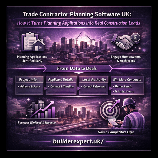 Infographic showing how Trade Contractor Planning Software UK turns planning applications into real construction leads using early project data