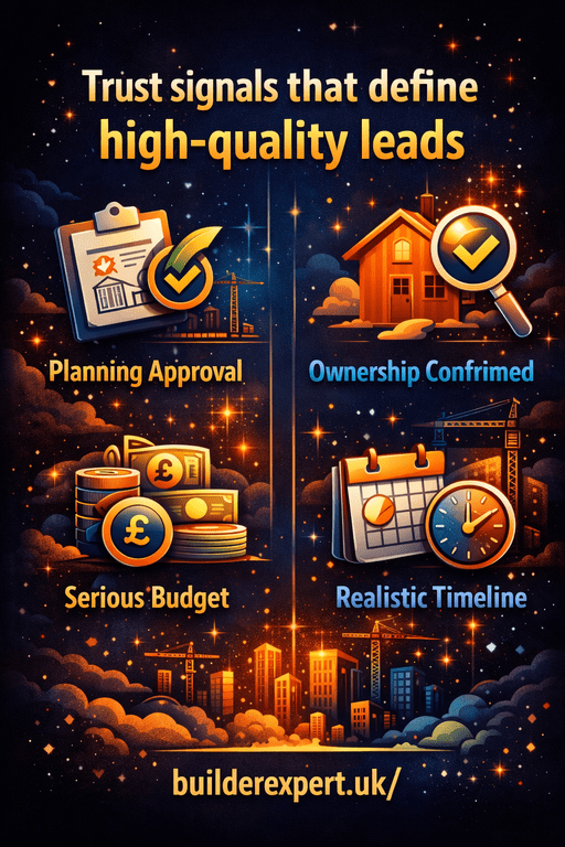 Trust_signals_that_define_high-quality_leads_50 Vertical infographic showing trust signals that define high-quality leads for UK residential builders, including planning approval, ownership confirmation, serious budget, and realistic project timelines