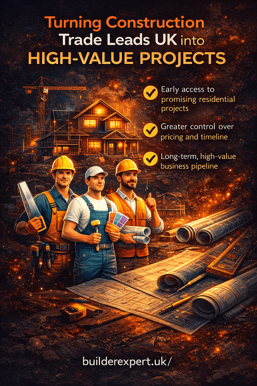 Vertical infographic showing how construction trade leads UK are turned into high-value residential projects through early access, planning and strategic engagement