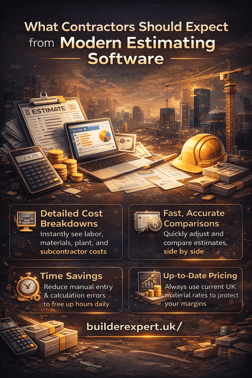 Infographic showing what contractors should expect from modern estimating software, including cost breakdowns, version comparison, time savings and up-to-date pricing for UK construction projects