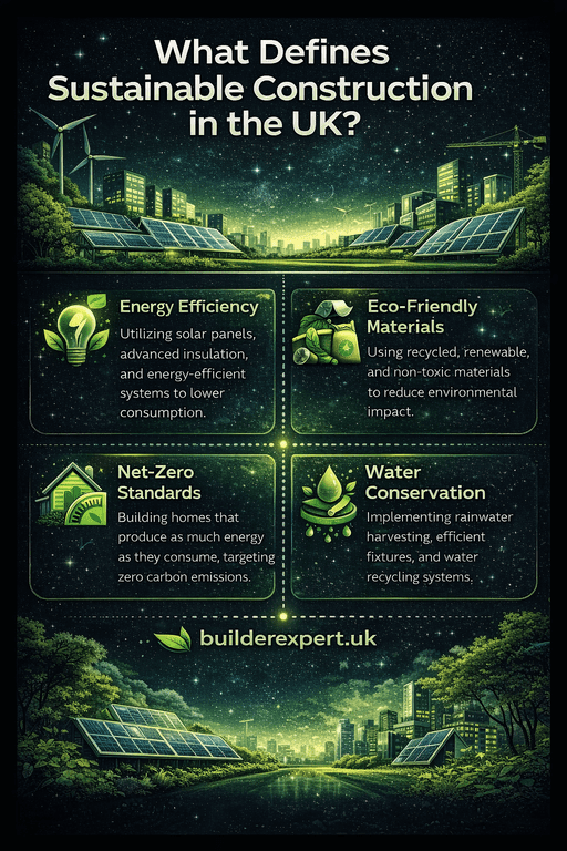 What_define_sustainable_construction_50 Infographic explaining what defines sustainable construction in the UK, including energy efficiency, low-carbon materials, regulatory compliance, and long-term residential building performance.