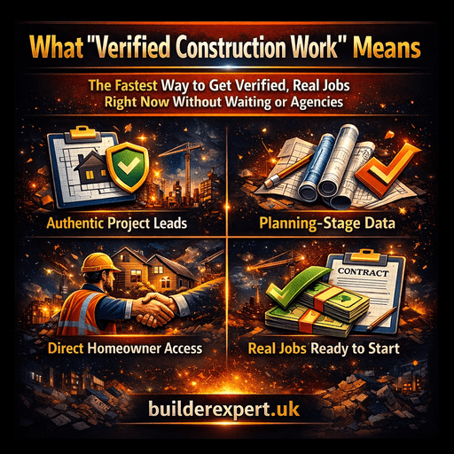 Infographic explaining what verified construction work means: authentic project leads, planning-stage data, direct homeowner access, and jobs ready to start