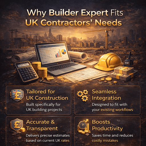 Infographic explaining why Builder Expert fits UK contractors’ needs, highlighting tailored UK estimating, workflow integration, accurate pricing and improved productivity