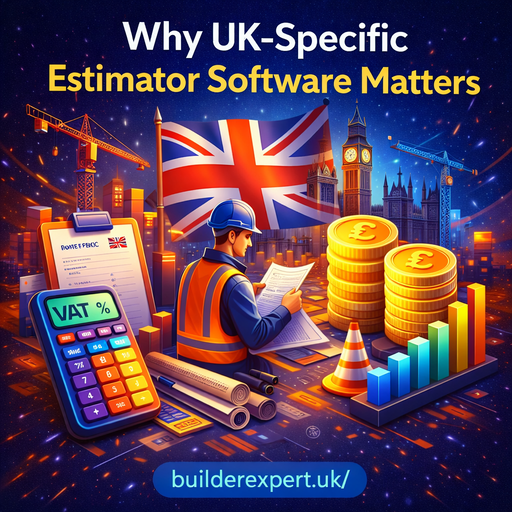 Infographic showing why UK-specific estimator software matters, highlighting VAT calculation, UK construction pricing, and local cost accuracy for builders.