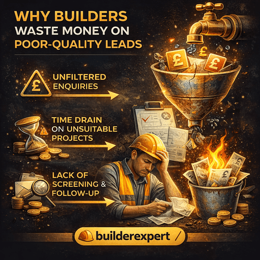 Square infographic showing why builders waste money on poor-quality construction leads, highlighting unfiltered enquiries, time lost on unsuitable projects, and lack of lead screening.