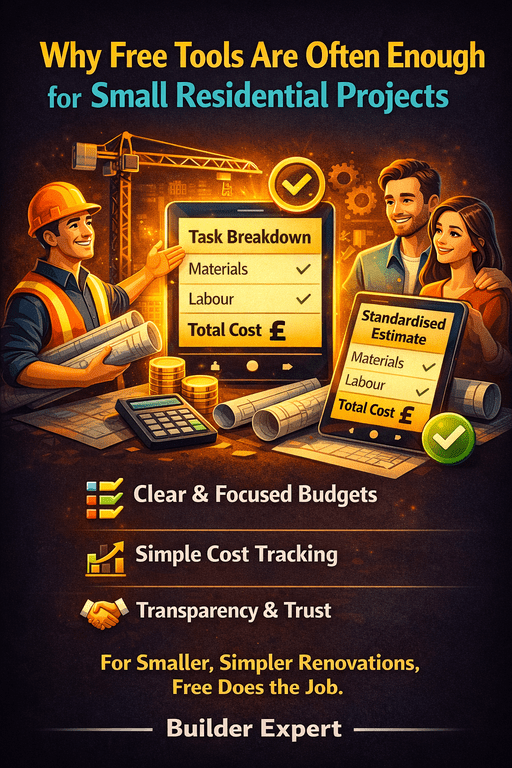 Infographic showing why free construction estimating tools are often sufficient for small residential renovation projects, with homeowners, builders, cost checklists, and £ symbols