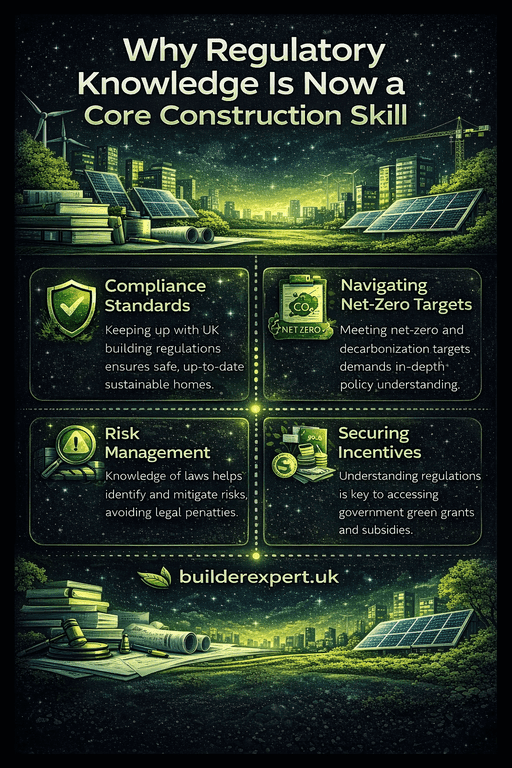 Why_regulatory_knowledge_50 Infographic highlighting why regulatory knowledge is a core construction skill in the UK, covering building regulations, compliance, sustainability standards, and residential risk management.