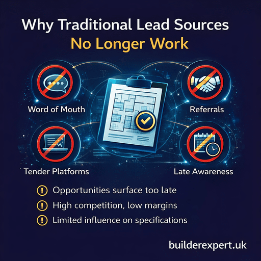 Why_traditional_lead_soursces_no_longer_work_50 Infographic explaining why traditional construction lead sources no longer work, showing late tenders, referrals, and high competition in the UK construction market