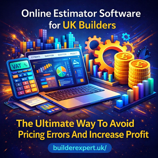 3D infographic showing online estimator software for UK builders, highlighting accurate pricing, cost control, and increased construction profit.