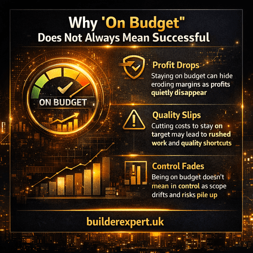 Infographic explaining why being on budget does not always mean a successful project, highlighting profit loss, quality risks, and loss of cost control