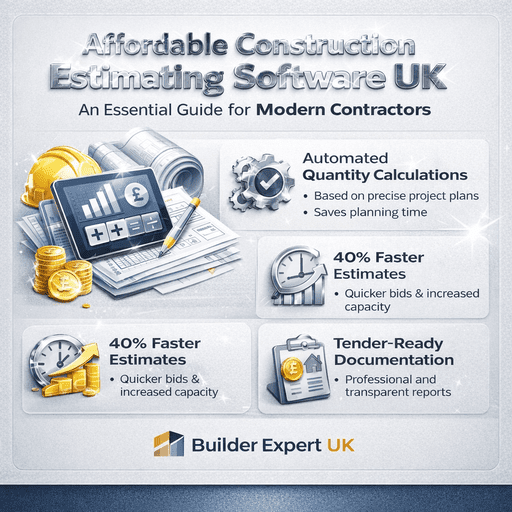 Affordable Construction Estimating Software UK infographic showing cost control, automated calculations and £ profit growth for residential contractors
