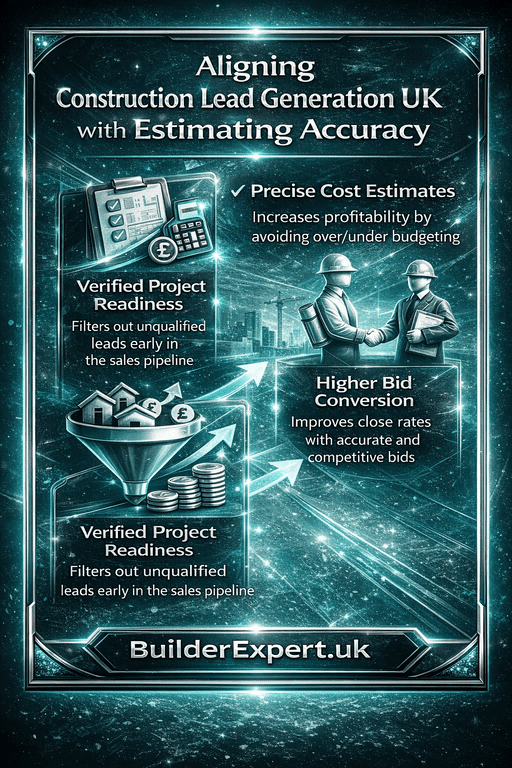 Aligning Construction Lead Generation UK with Estimating Accuracy infographic showing verified leads, cost precision, and higher bid conversion in turquoise and silver design