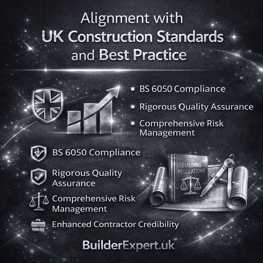 Alignment with UK Construction Standards and Best Practice infographic in dark charcoal and silver design, highlighting BS 6050 compliance, quality assurance, risk management and contractor credibility with bright metallic construction graphics.