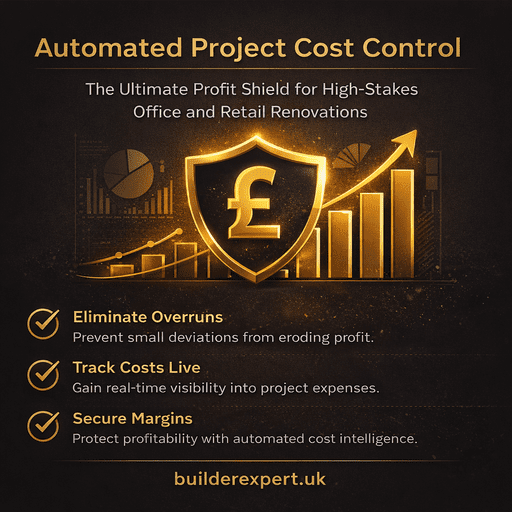 Infographic showing Automated Project Cost Control for office and retail renovations, with gold shield, £ symbol, cost charts, and dark black background branding.