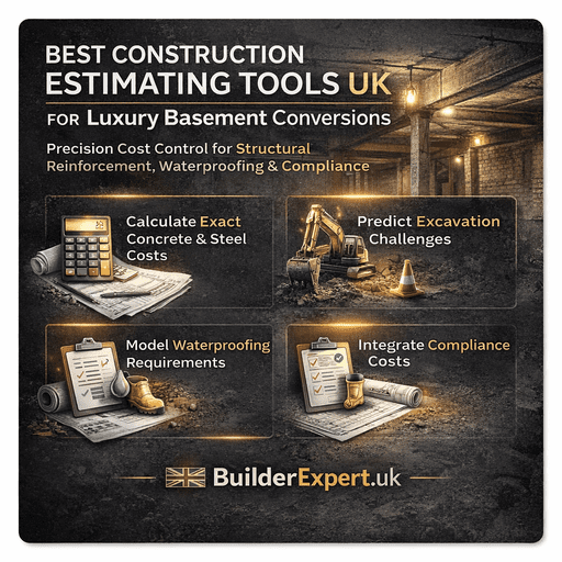Best construction estimating tools UK infographic for luxury basement conversions showing structural reinforcement, waterproofing and compliance cost control
