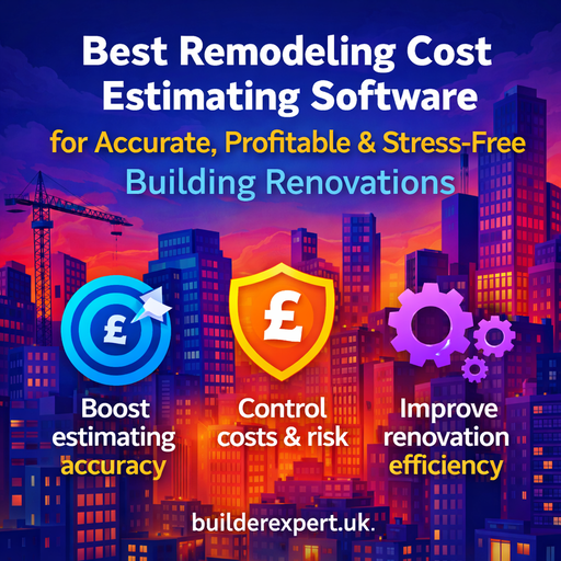 Best_Remodeling_Cost_Estimating_Software_50 Square infographic showing Remodeling Cost Estimating Software benefits for residential building renovations, with city buildings, bold graphics, and cost control icons.