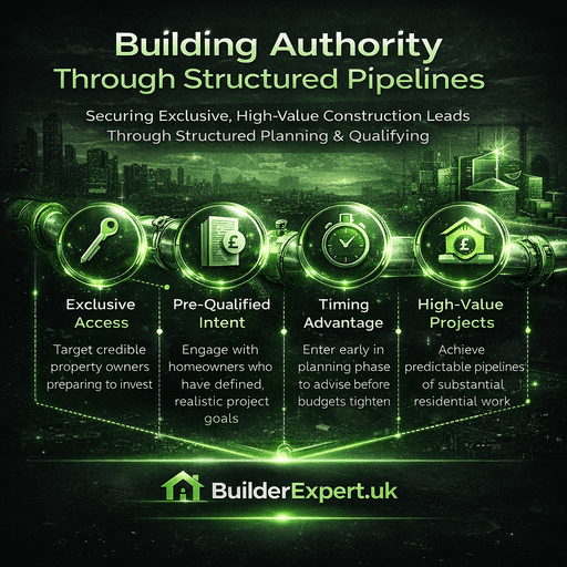 Infographic showing Building Authority Through Structured Pipelines in UK residential construction, featuring exclusive access, qualified leads, timing advantage and high-value projects in green and white professional design with Builder Expert UK branding.