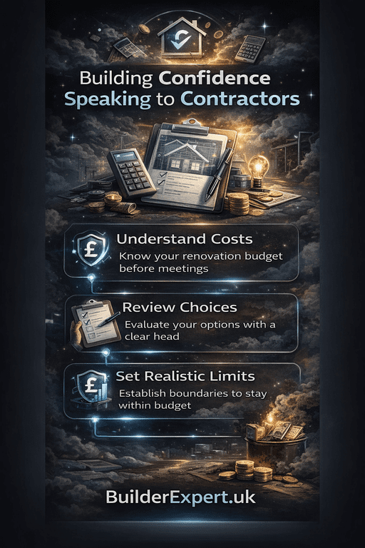 Vertical infographic showing how homeowners can build confidence before speaking to contractors by understanding costs, reviewing options, and setting realistic renovation budget limits