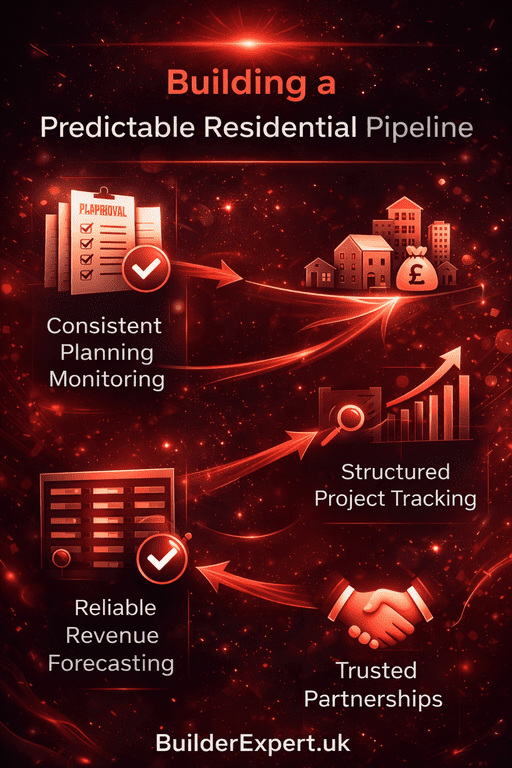 Infographic showing how to build a predictable residential pipeline using exclusive construction leads UK, highlighting consistent planning monitoring, structured project tracking and reliable revenue forecasting in coral and ruby tones with buildyourexpert.uk branding.