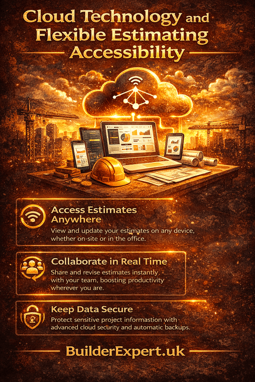 Cloud_technology_and_Flexible_Estimating_1_50 Cloud technology and flexible estimating accessibility infographic showing remote construction estimating, real-time collaboration, and secure project data management