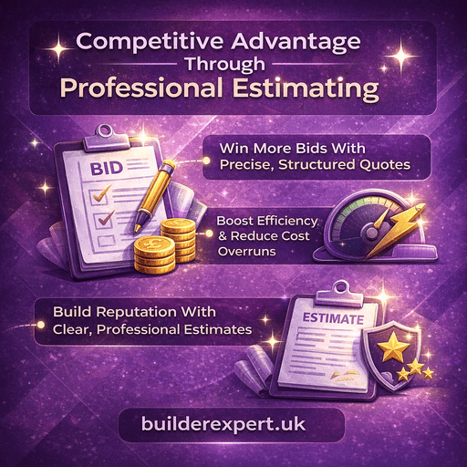Square infographic titled Competitive Advantage Through Professional Estimating showing benefits like winning more bids, reducing cost overruns and building reputation, in dark purple tones with builderexpert.uk branding.