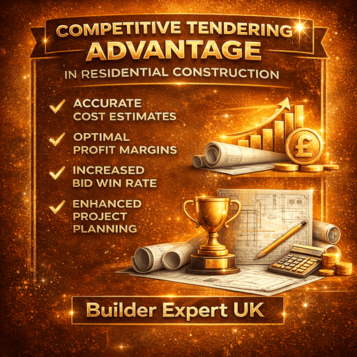 Square infographic showing Competitive Tendering Advantage in Residential Construction with gold £ symbol, rising profit chart, trophy and estimating tools in orange and gold Builder Expert UK branding.