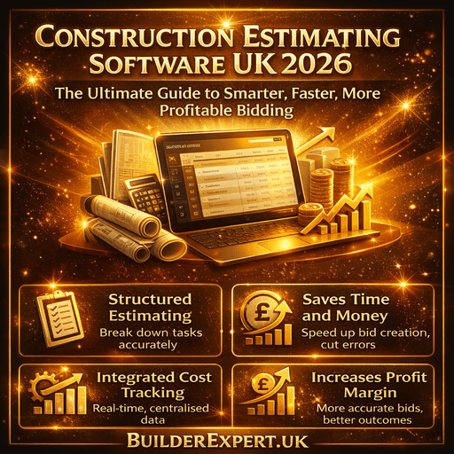 Construction Estimating Software UK 2026 infographic showing structured estimating, cost tracking, profit growth and time saving tools in amber and gold Builder Expert branding.