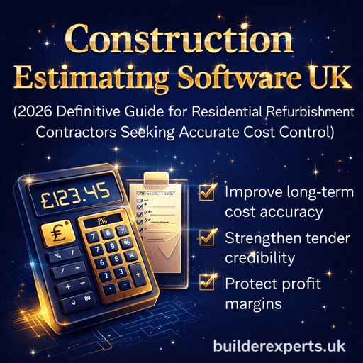 Construction_Estimating_Software_UK_2026_50 Construction estimating software UK infographic with navy background, gold glowing typography, calculator and cost control icons for residential refurbishment contractors in 2026.