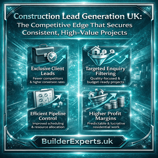 Construction Lead Generation UK infographic showing exclusive leads, enquiry filtering, pipeline control and profit growth in turquoise and silver design