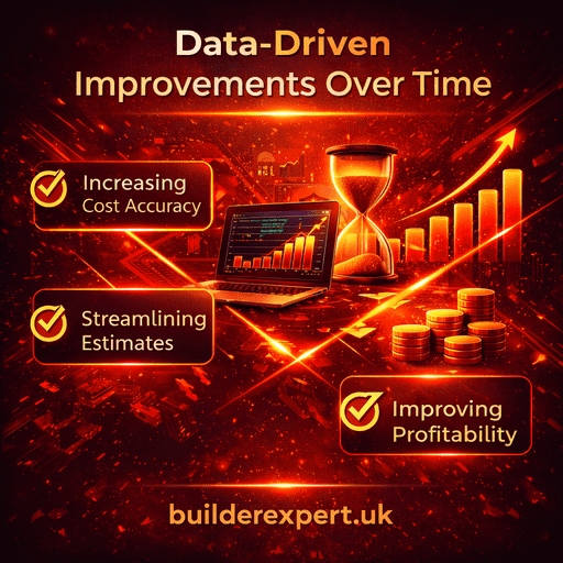 Infographic showing data-driven improvements over time in construction estimating, highlighting increasing cost accuracy, streamlined estimates, and improved profitability for builders