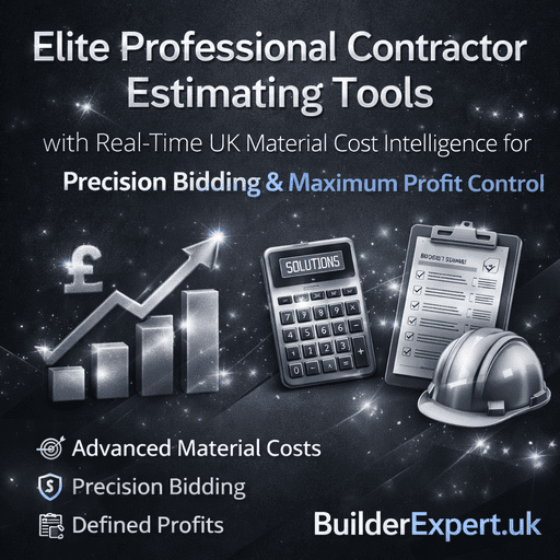 Elite Professional Contractor Estimating Tools infographic showing real-time UK material cost intelligence, precision bidding and maximum profit control with silver financial and construction graphics on dark charcoal background.