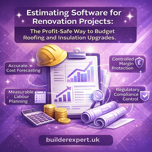 Infographic showing estimating software for renovation projects with roofing and insulation budgeting, cost forecasting, margin protection, labour planning and compliance control in purple theme with builderexpert.uk branding.