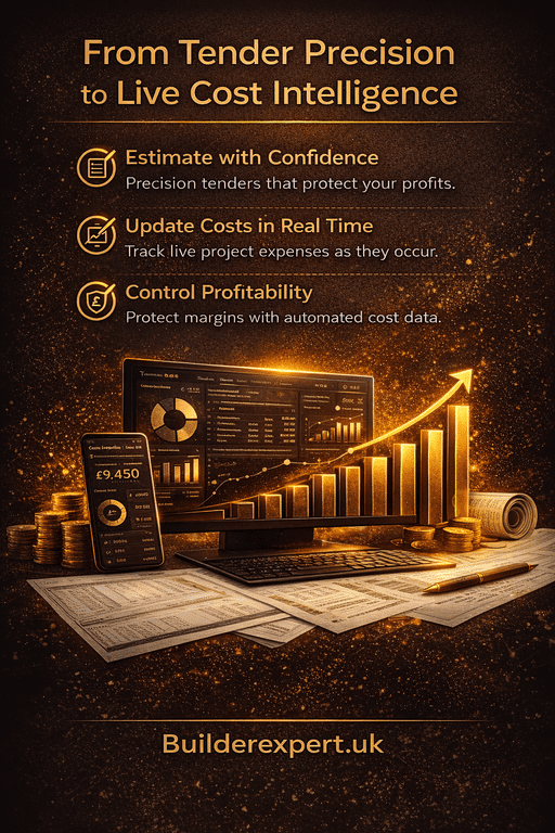 Vertical 4:5 infographic titled From Tender Precision to Live Cost Intelligence, featuring gold financial charts, dashboard screens, coins, and construction plans on a dark black and gold background branded Builderexpert.uk.