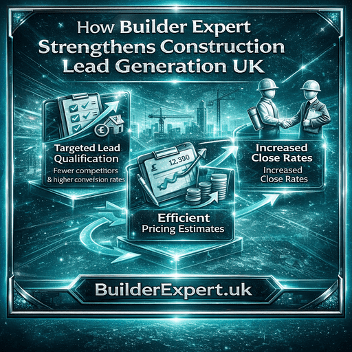 Infographic showing how Builder Expert strengthens Construction Lead Generation UK through lead qualification, estimating accuracy, and improved close rates in turquoise and silver design