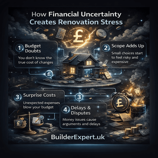 Infographic explaining how financial uncertainty increases renovation stress through unclear budgets, surprise costs, scope changes, and project delays for homeowners